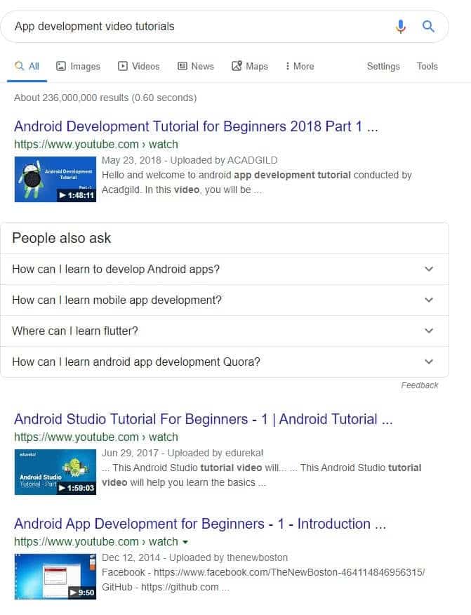 App development video tutorials on Google