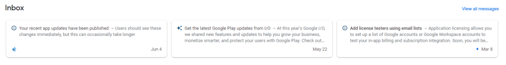 Google Play Console Dashboard Inbox