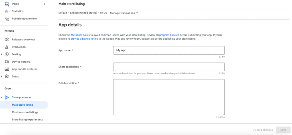 Main Store Listing Google Play Console