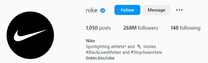 Nike's Instagram business page bio
