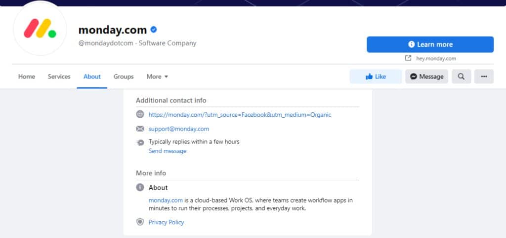 Monday.com's Facebook profile