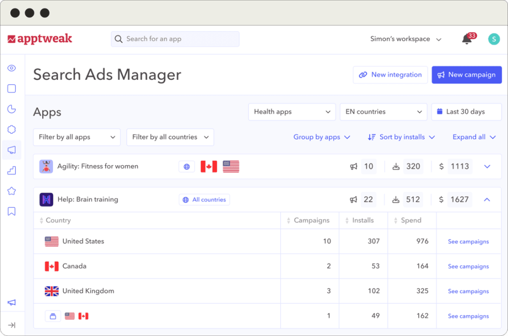 AppTweak's Search Ads Manager